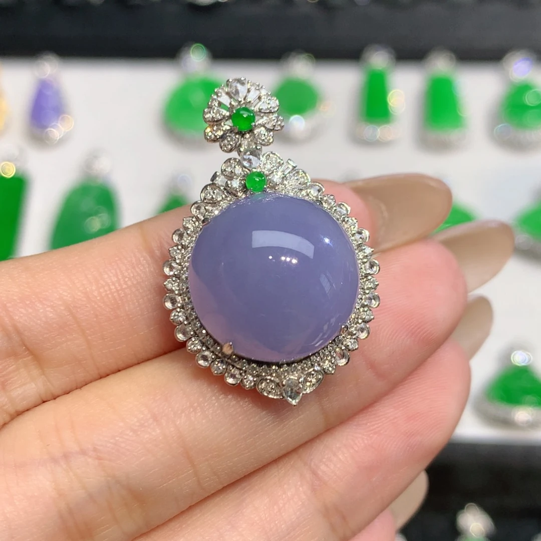 翡翠18K金镶嵌吊坠(不含链)蓝莓紫