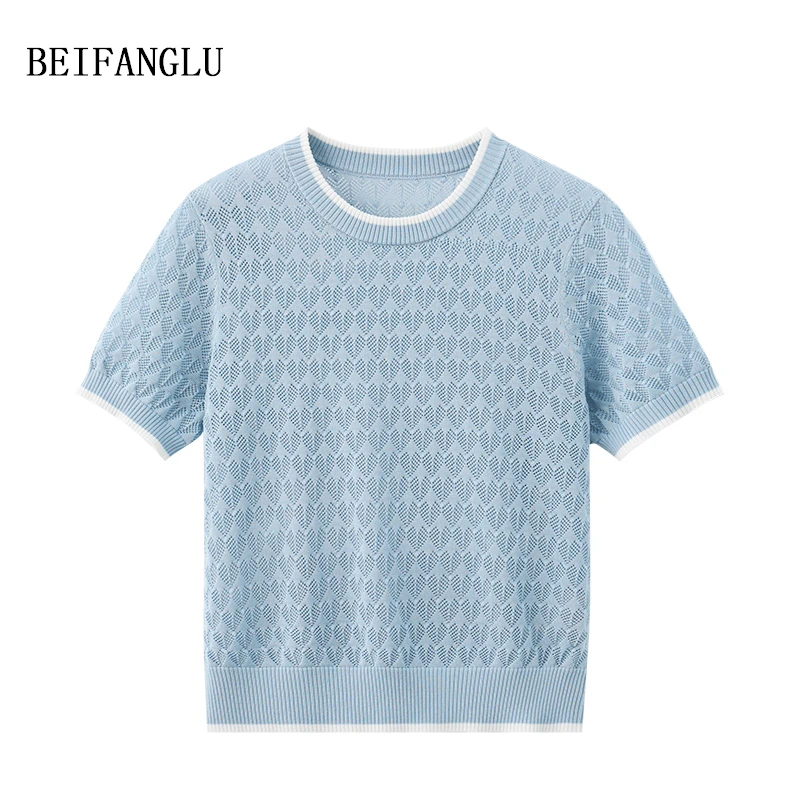 北方鹿 舒适莱赛尔醋酯桑蚕丝#春夏镂空爱心提花针织短袖女26309