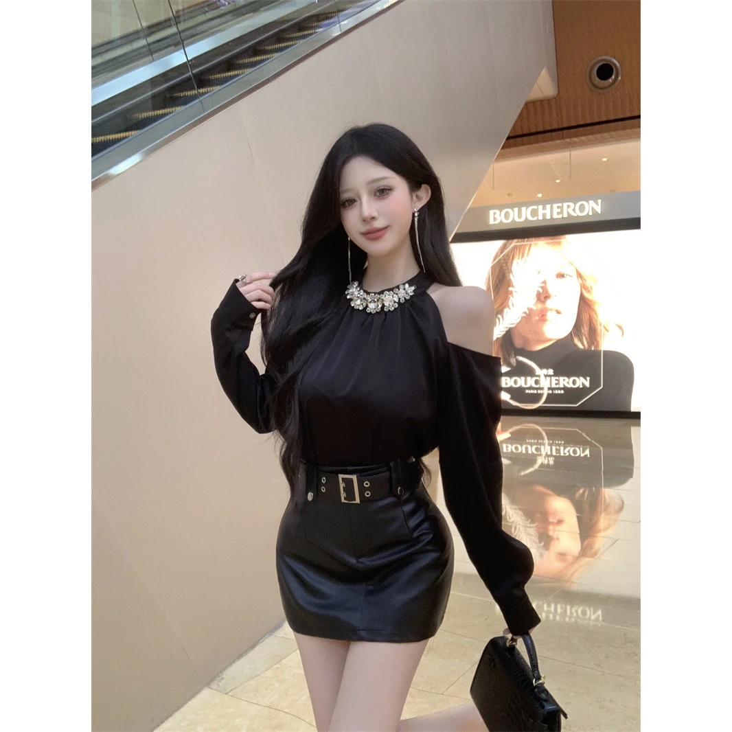 重工镶钻露肩长袖衬衫女2025夏季新款收腰宽松显瘦衬衣黑色上衣潮