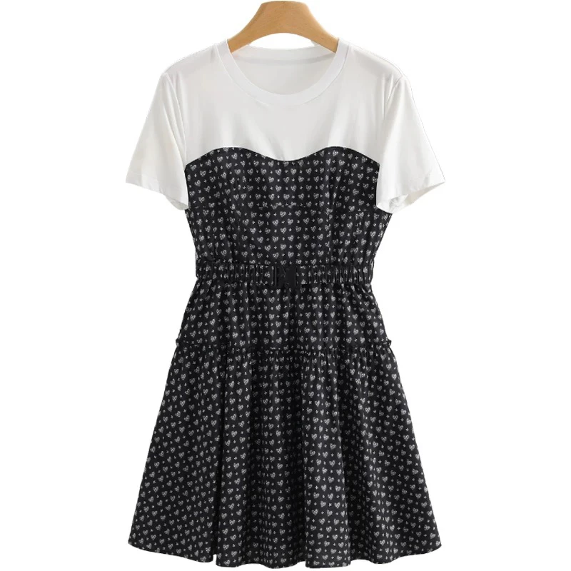 辣妈夏季拼接印花中长裙中长款春季波点连衣裙碎花时尚假两件