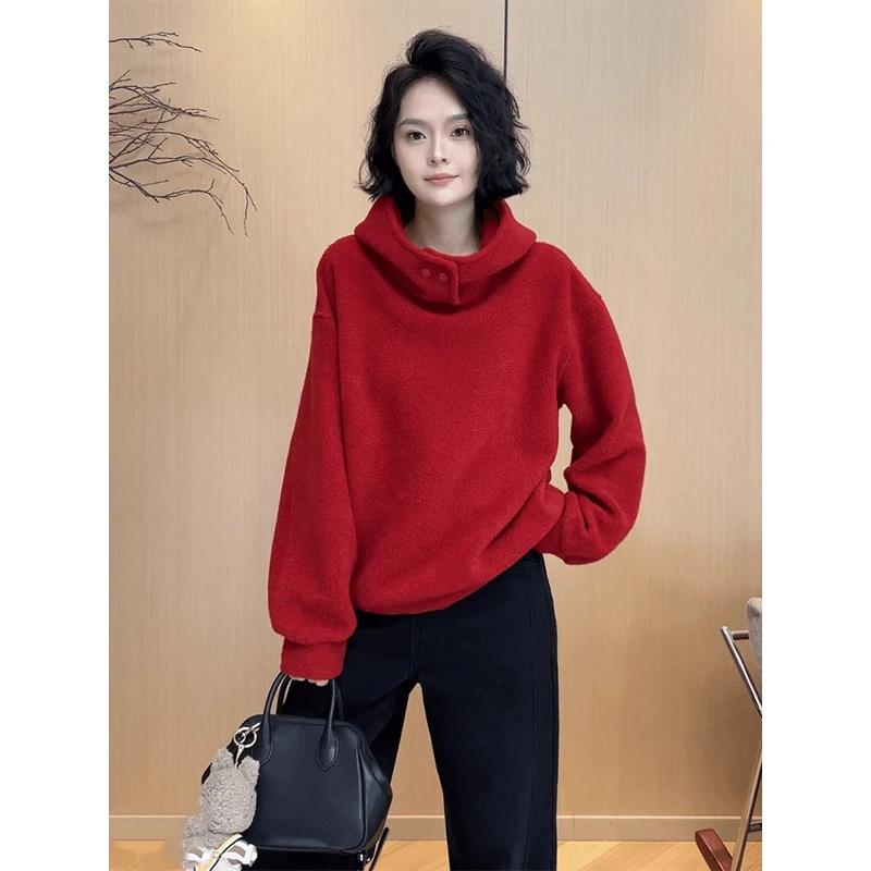 2025秋季高端欧货洋气上衣小众不撞款高级感超好看红色毛卫衣冬季