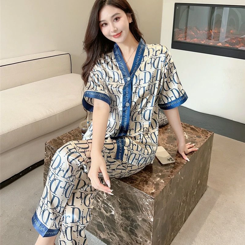 字母轻奢感冰丝睡衣女夏季短袖长裤套装V领开衫宽
