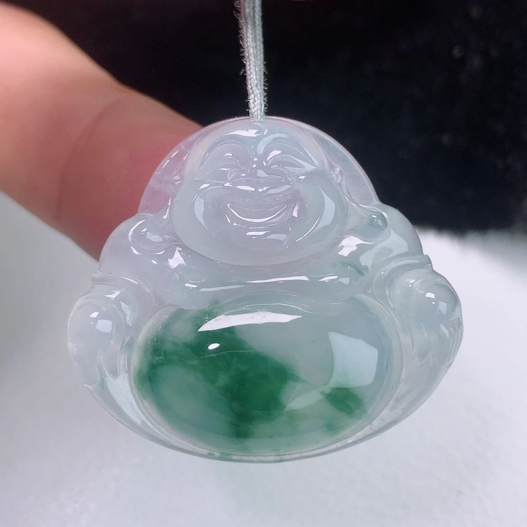 缅甸天然A货翡翠冰种飘花佛公吊坠冰透