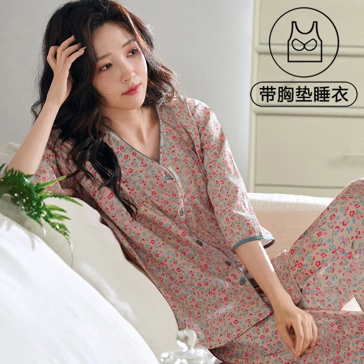 带胸垫睡衣女士夏季宽松七分袖2025新款薄款大码春秋季家居服套装