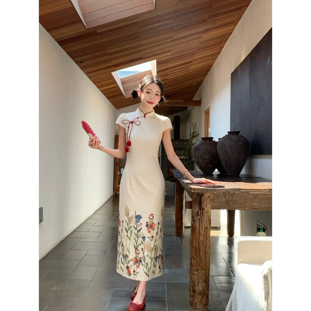 新中式气质减龄别致印花修身显瘦旗袍连衣裙女夏季新款国风长裙子