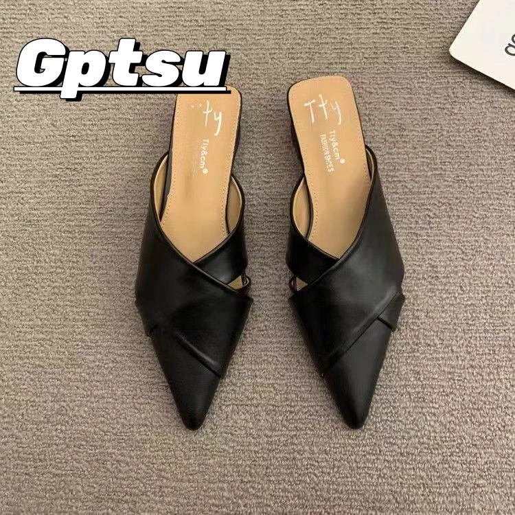 GPTSu复古包头半拖鞋女外穿懒人时髦尖头穆勒鞋夏季粗跟后空凉拖