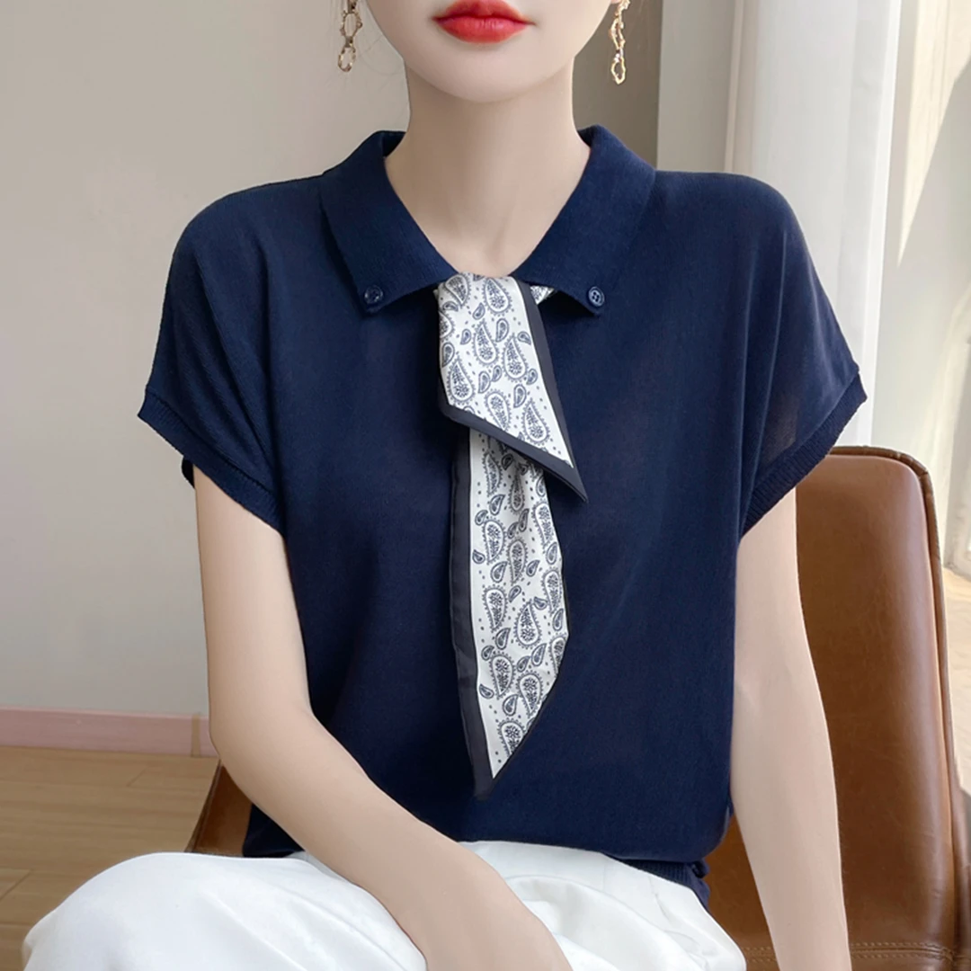 高端胖mm夏装大码冰丝针织衫女士短袖t恤遮肚子巨显瘦蝴蝶结上衣
