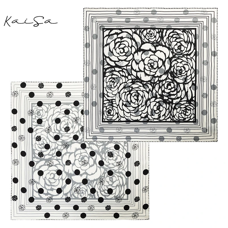 【水墨山茶】双面双色100%桑蚕丝丝巾方巾65*65