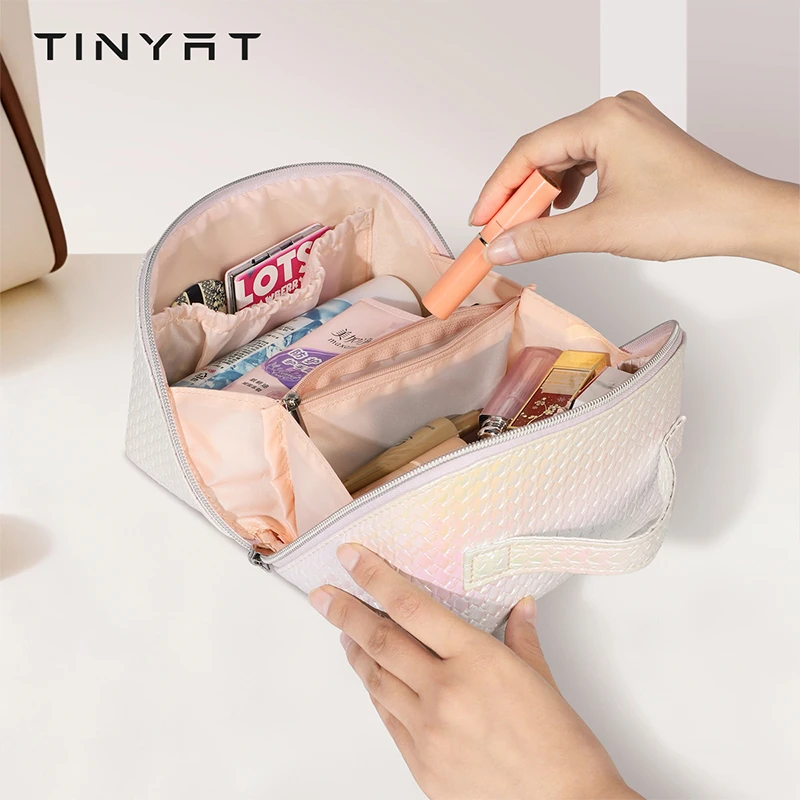 TINYAT/天逸大容量波浪纹PU手提贝壳化妆包便携女士化妆品收纳包