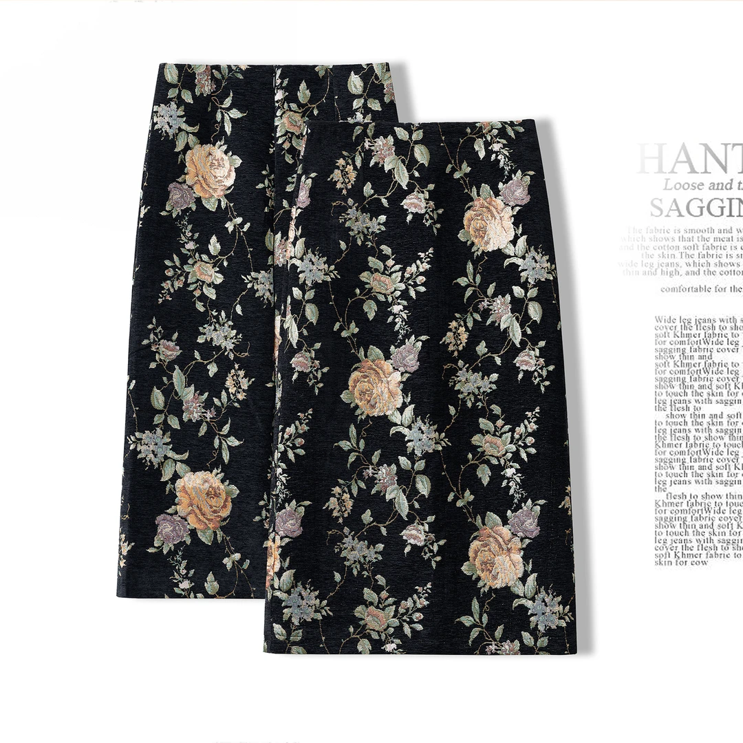 黑底复古印花毛呢裙女高腰贵气名媛气质半身裙高档提花秋款包臀裙