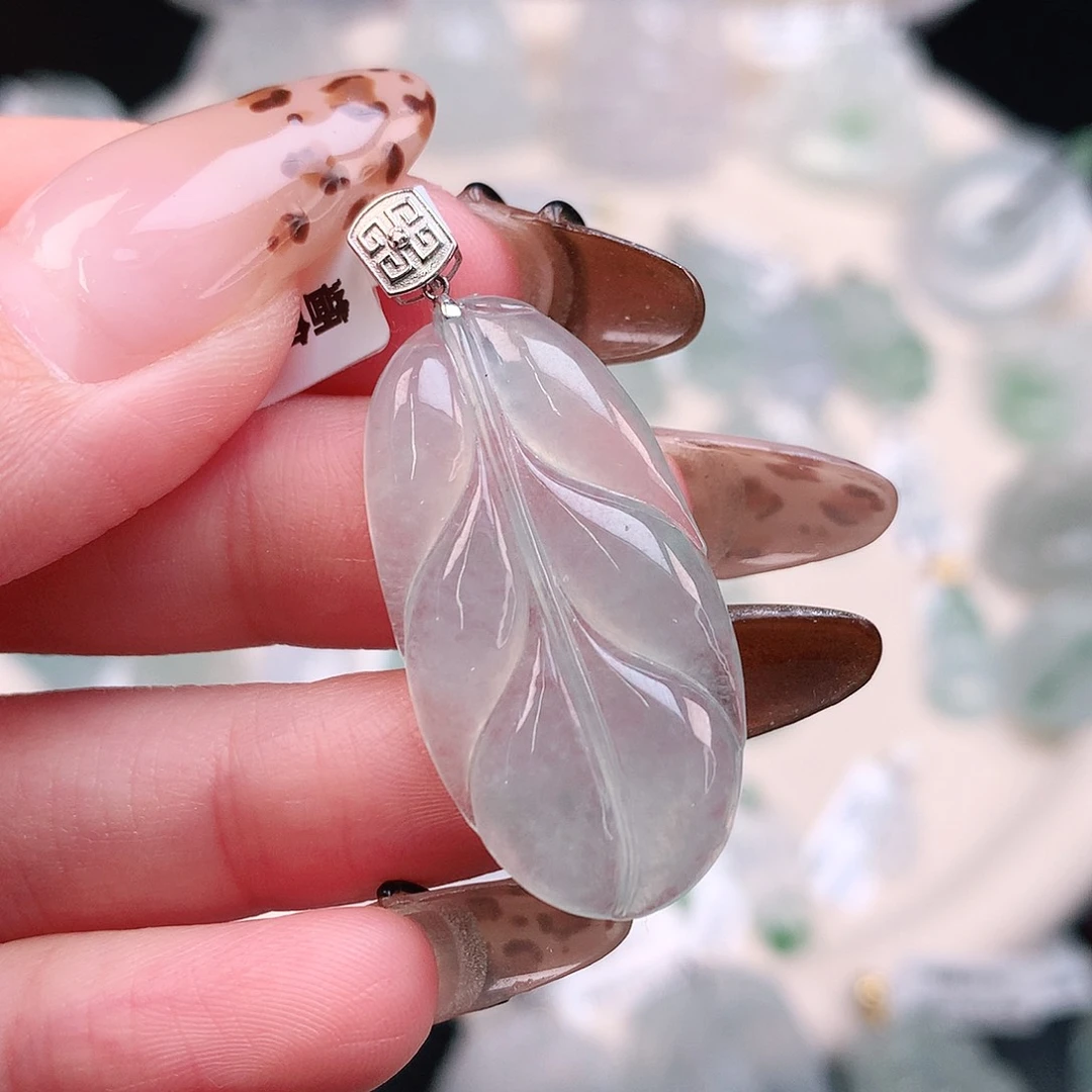 翡翠颈饰18K金镶嵌冰晴叶子39、33、16.5、4