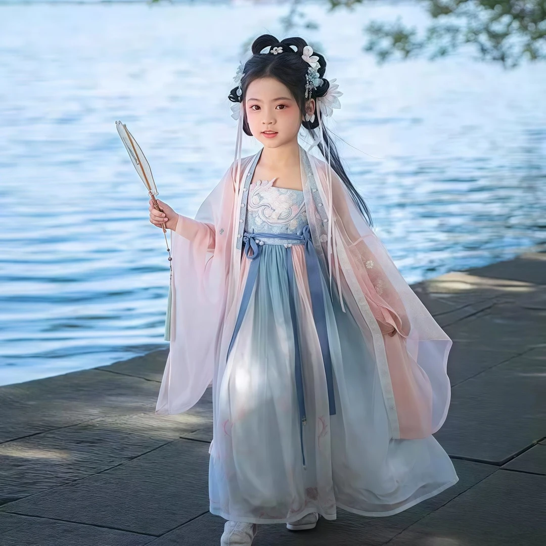 汉服女童儿童新款古风超仙古装中国唐装小女孩套装连衣裙
