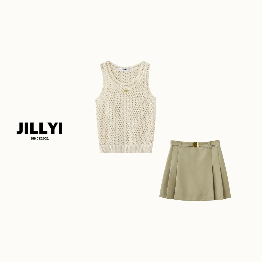 JILLYI【燕麦阳光】+【卡其芝士】米白色镂空上衣+卡其色半身裙