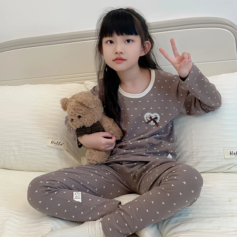 爱心女童睡衣长袖秋衣秋裤莱卡棉中大童春秋季2025新款家居服套装