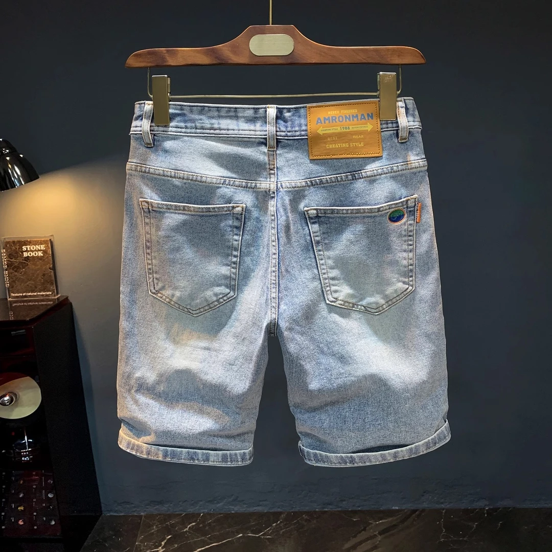 Cebrodz修身男士牛仔短裤夏季薄款潮流五分裤浅蓝色水洗百搭中裤