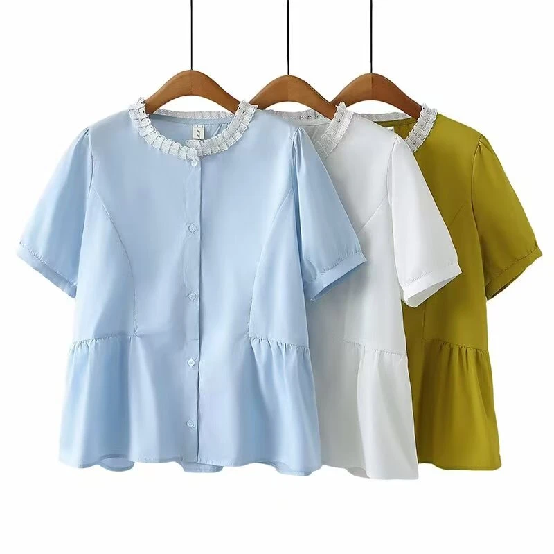 大码女装甜美蕾丝花边圆领衬衫夏季新款宽松显瘦上衣别致小衫656