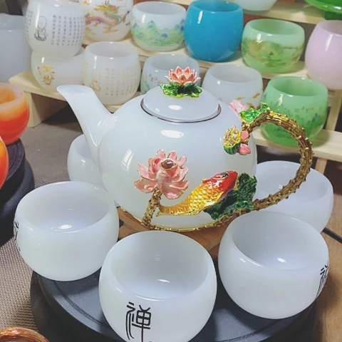 琉璃中式珐琅彩年年有余一壶六杯礼盒套装