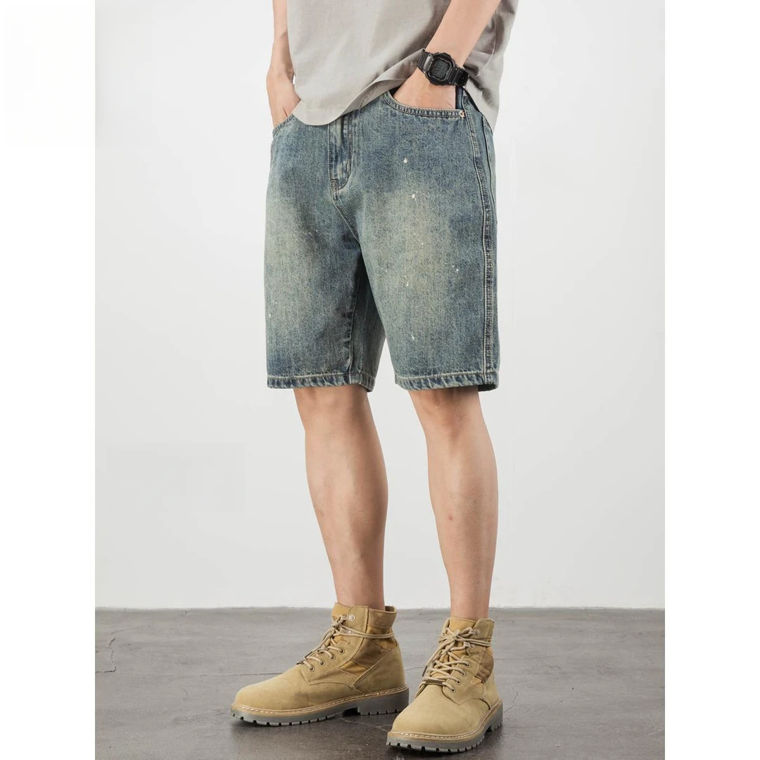 Jeanswest/真维斯复古牛仔短裤男潮牌宽松大美式大码男士破洞短裤