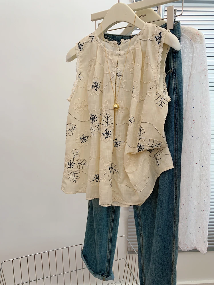 夏季2025新款新中式国风蕾丝刺绣坎肩衬衫背心外穿无袖上衣高级感