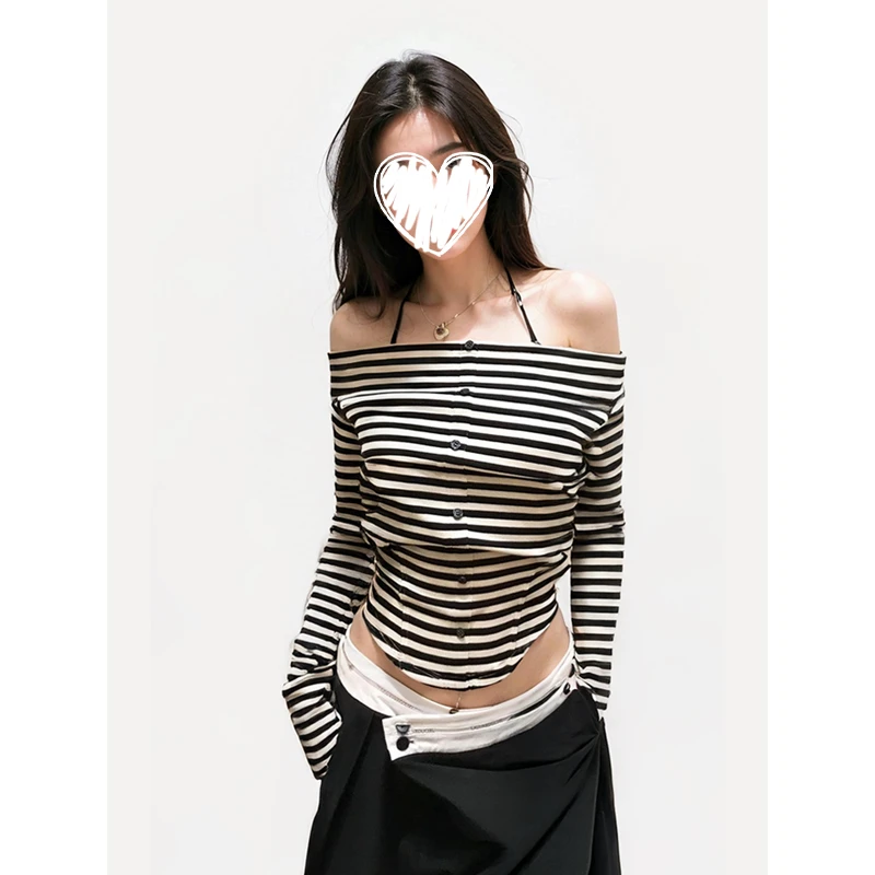 番茄妹妹Tomatosister 一字肩条纹修身打底衫T恤法式气质显瘦上衣