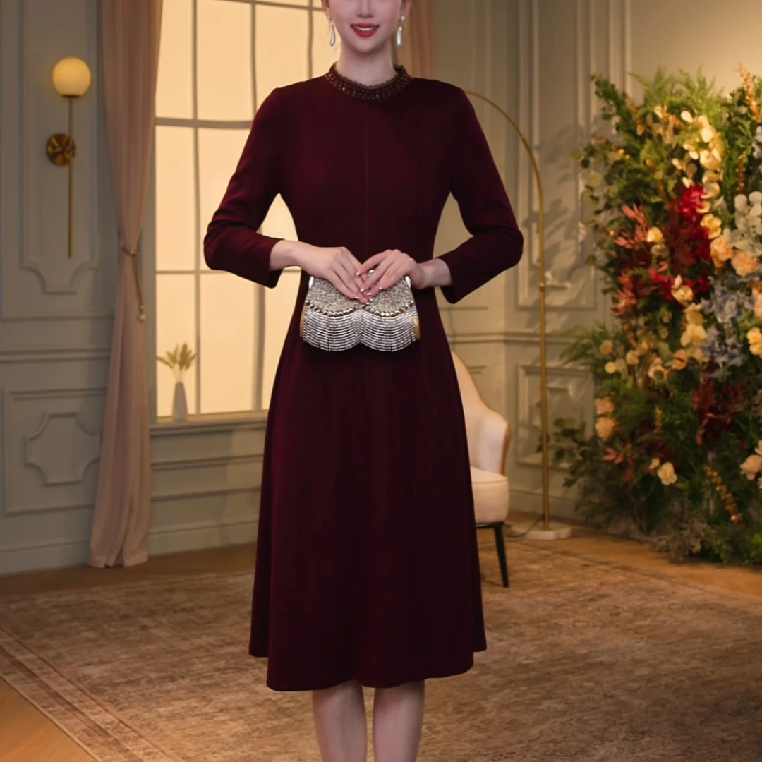 【香妮芬】83531秋冬安可拉红色显瘦女装连衣裙长袖秋冬妈妈装长裙