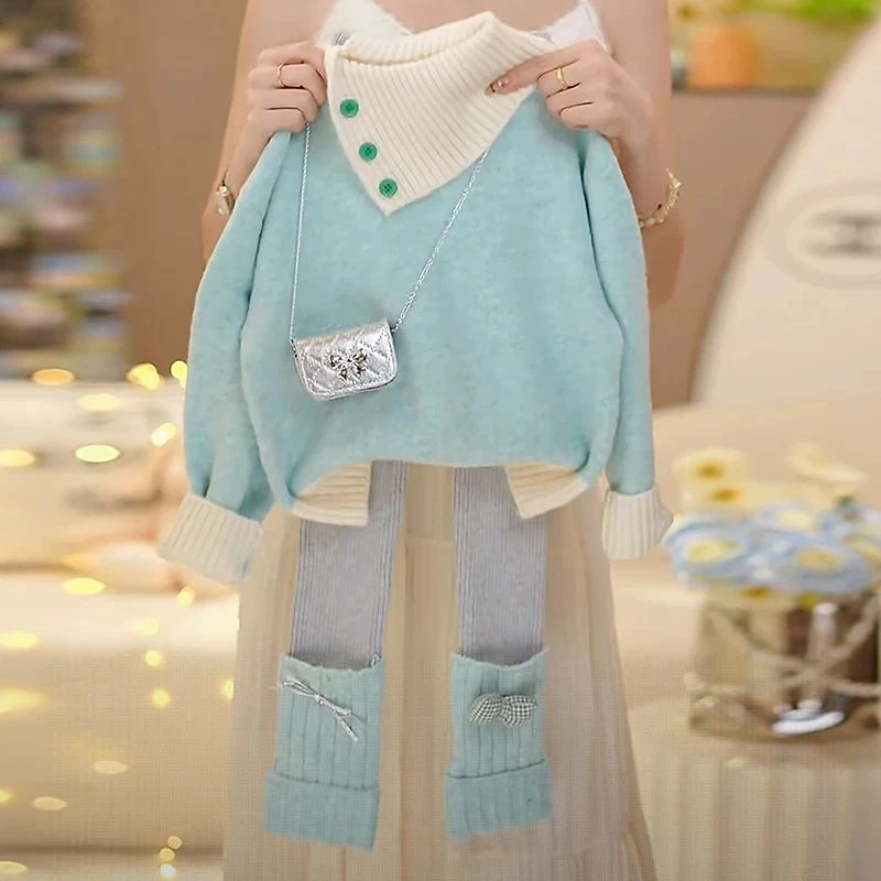女童毛衣套装2025秋季新款斜领慵懒风毛衣针织裤两件套潮洋气时髦