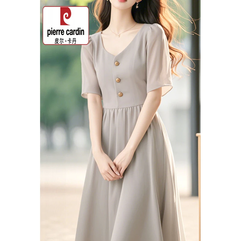 2025新款夏季端庄大气长裙冷淡风灰色雪纺短袖连衣裙子女