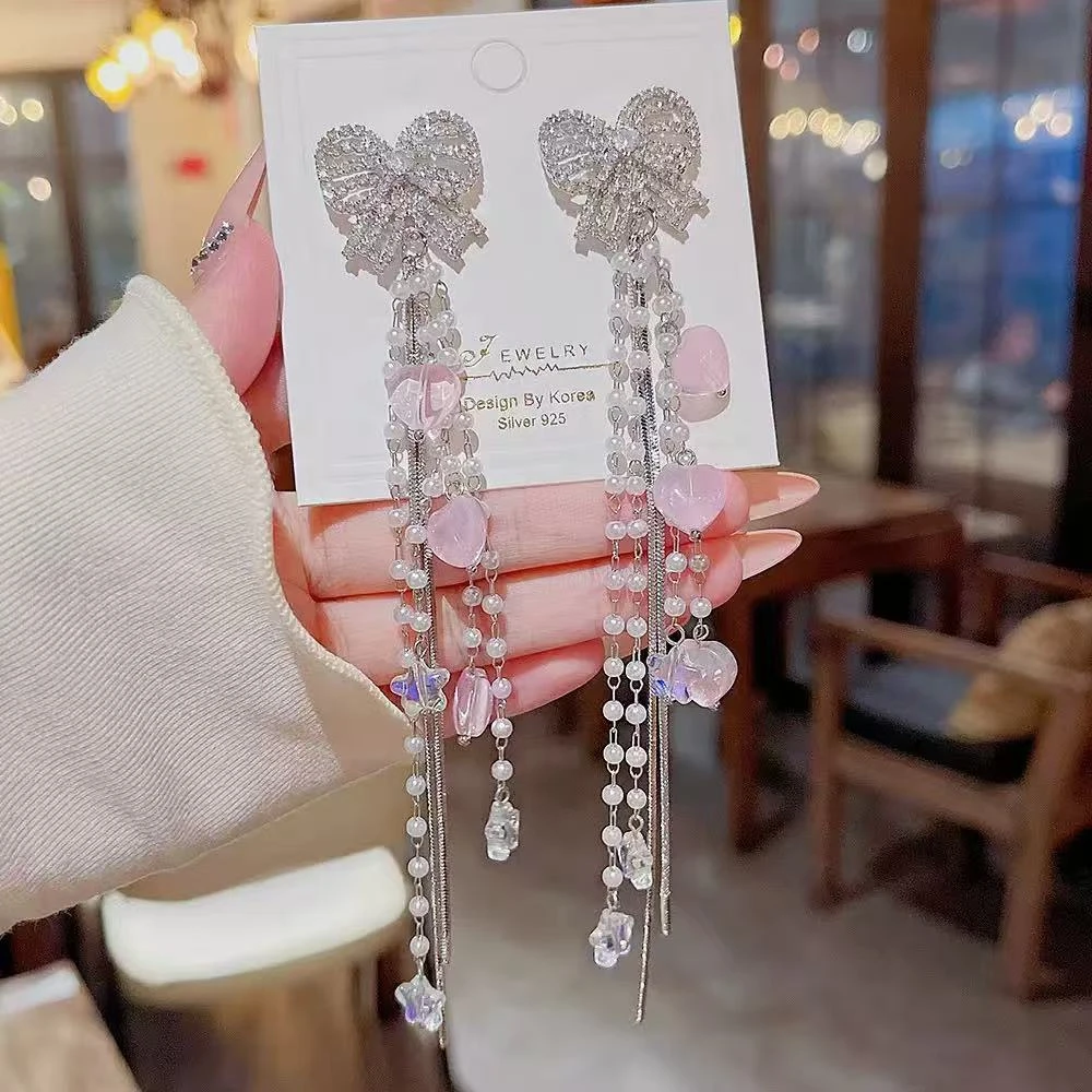 铜合金锆石耳饰 合成锆石！耳饰【蝴蝶结爱心】耳环流苏气质轻奢耳饰