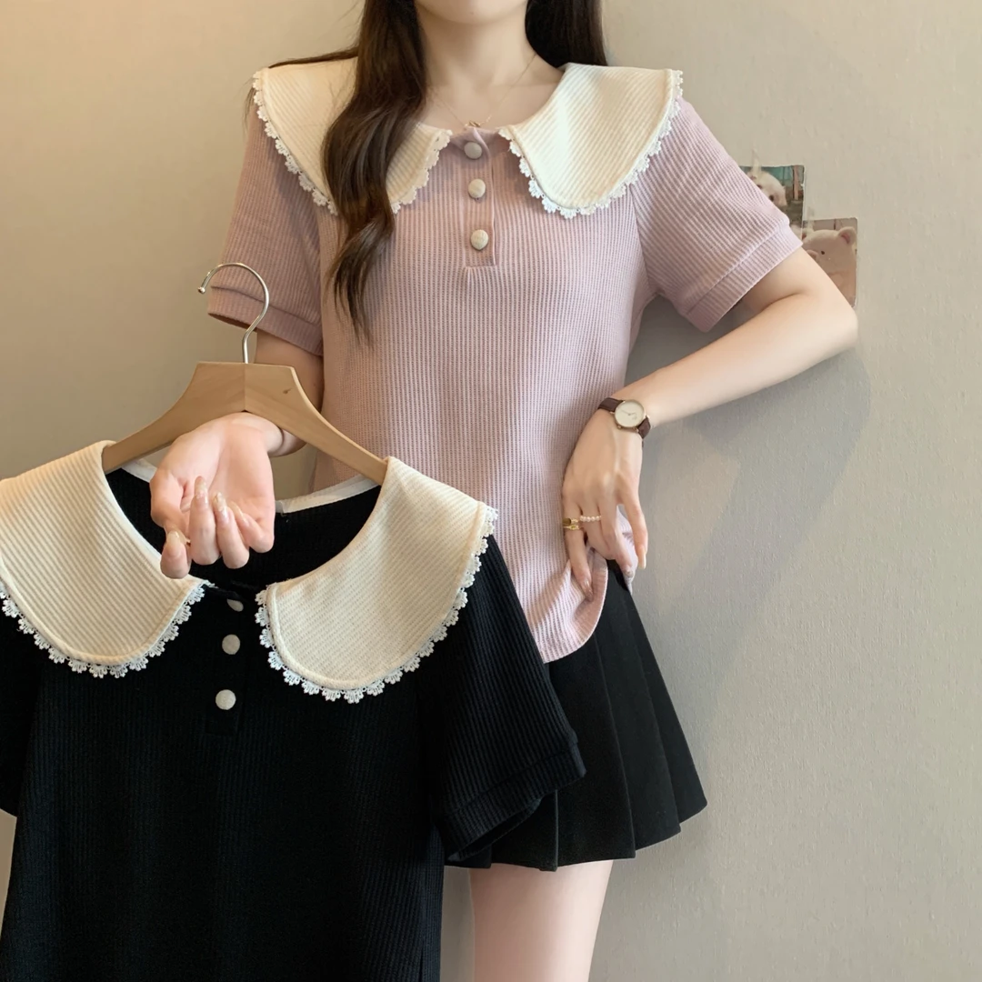 【心祥专属】清大码2025夏娃娃领蕾丝花边短袖上衣法式气质T恤63972