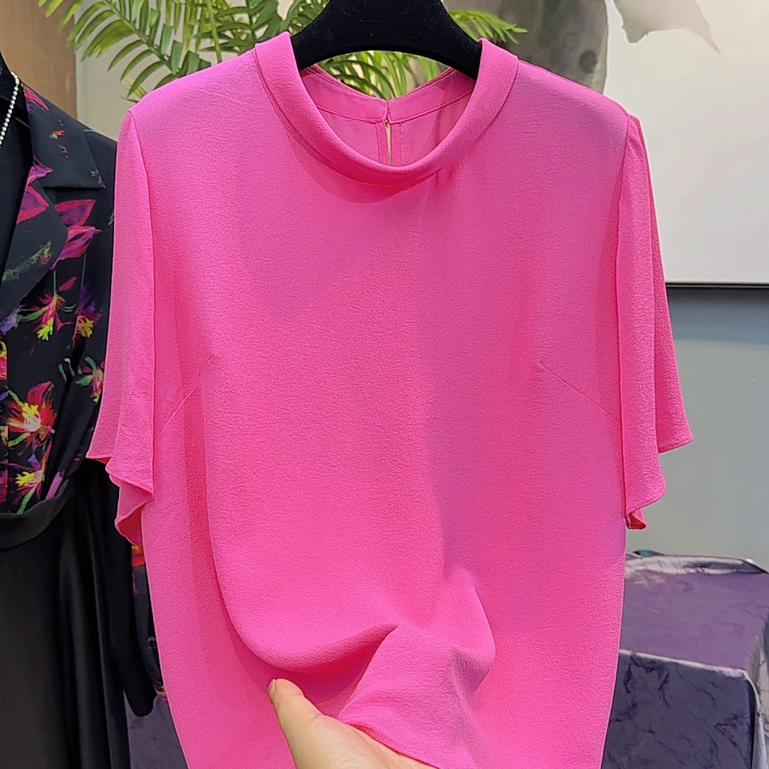 鬼绉真丝圆领桑蚕丝夏季短袖气质简约夏款透气凉快纯色T恤