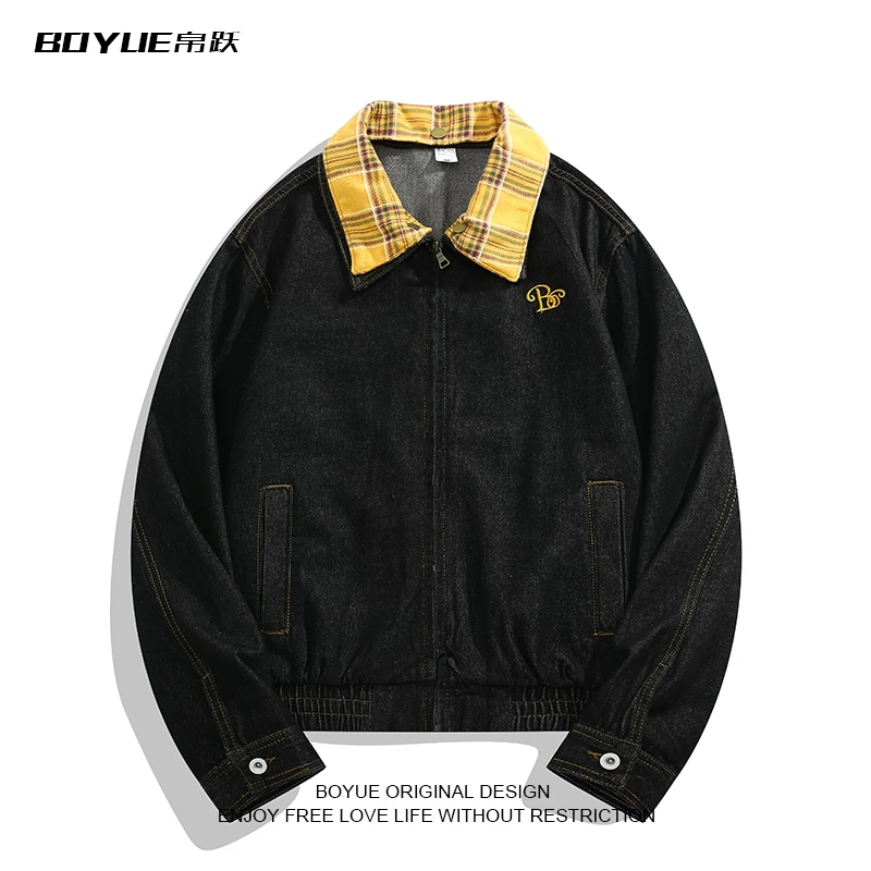 BOYUE帛跃韩系慵懒风复古牛仔外套男女春秋季撞色拼接翻领夹克潮