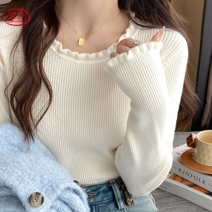 浪莎木耳边打底衫女2025新款白色毛衣内搭圆领长袖针织秋冬小香风