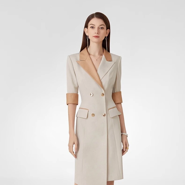 L22102卡其色拼接西装连衣裙女夏季短袖2024新款职业通勤女装裙子