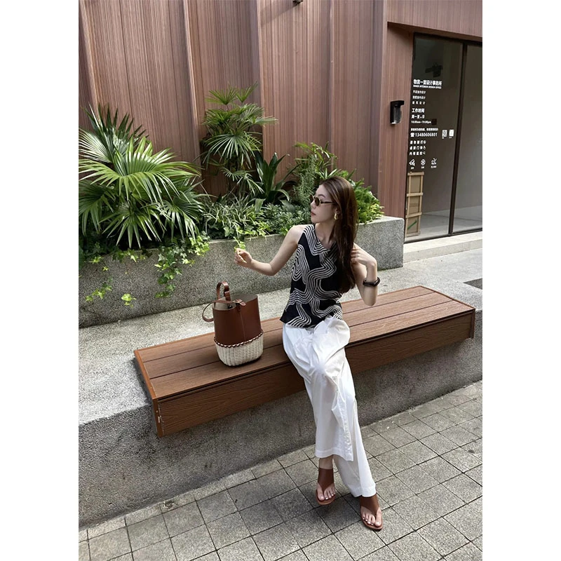 2025夏季新款修身显瘦修身高级感法式挂脖条纹背心上衣宽松长裤女