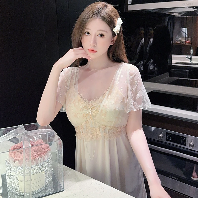纤线依【宫锁】夏季带胸垫短袖睡裙性感蕾丝网纱纯欲风长款睡衣