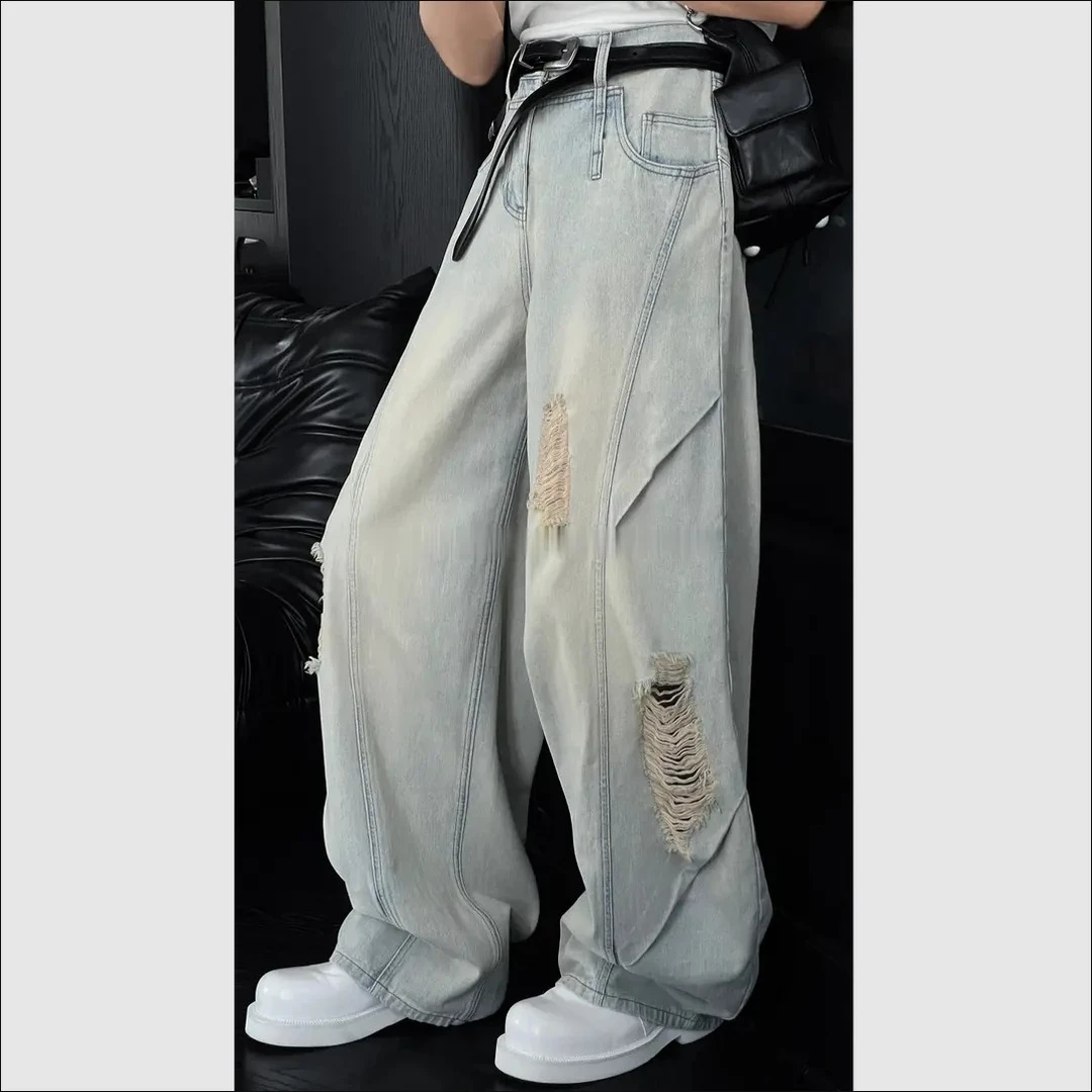 龙刀刀春夏新品原创设计款水洗破洞牛仔裤男美式高街休闲弯刀长裤