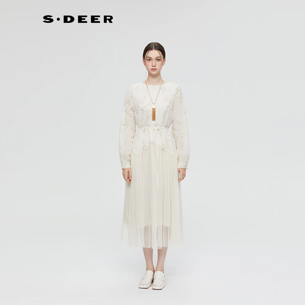 S·DEER圣迪奥收腰长裙显瘦气质长袖裙子时尚女士连衣裙S253Z12B6