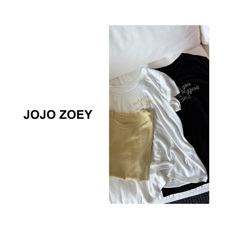 JOJO ZOEY【怦然心动】~新款莱赛尔+麻时尚百搭烫钻字母T恤dx-8515