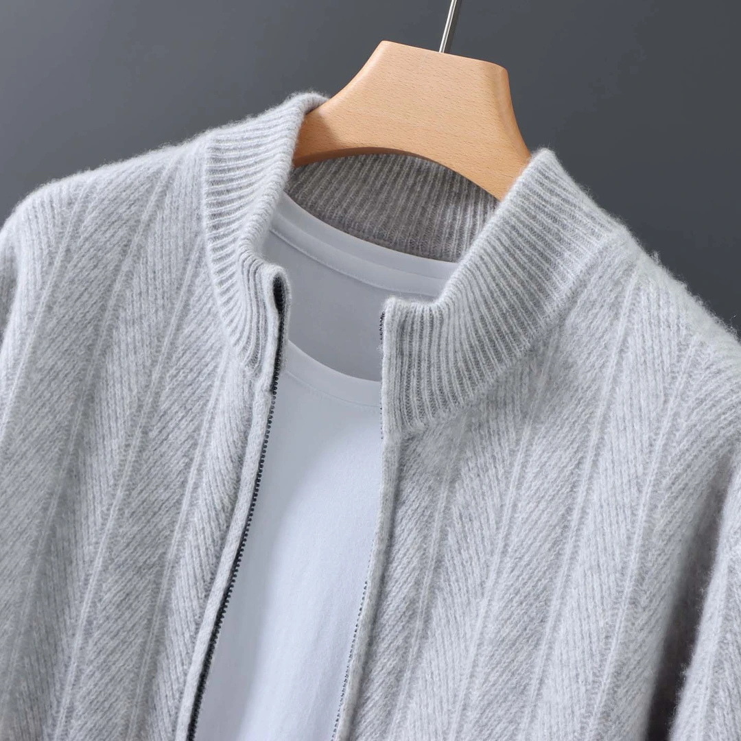 纯羊毛半高拉链开衫男秋冬新款宽松加厚毛衣外套休闲商务针织上衣