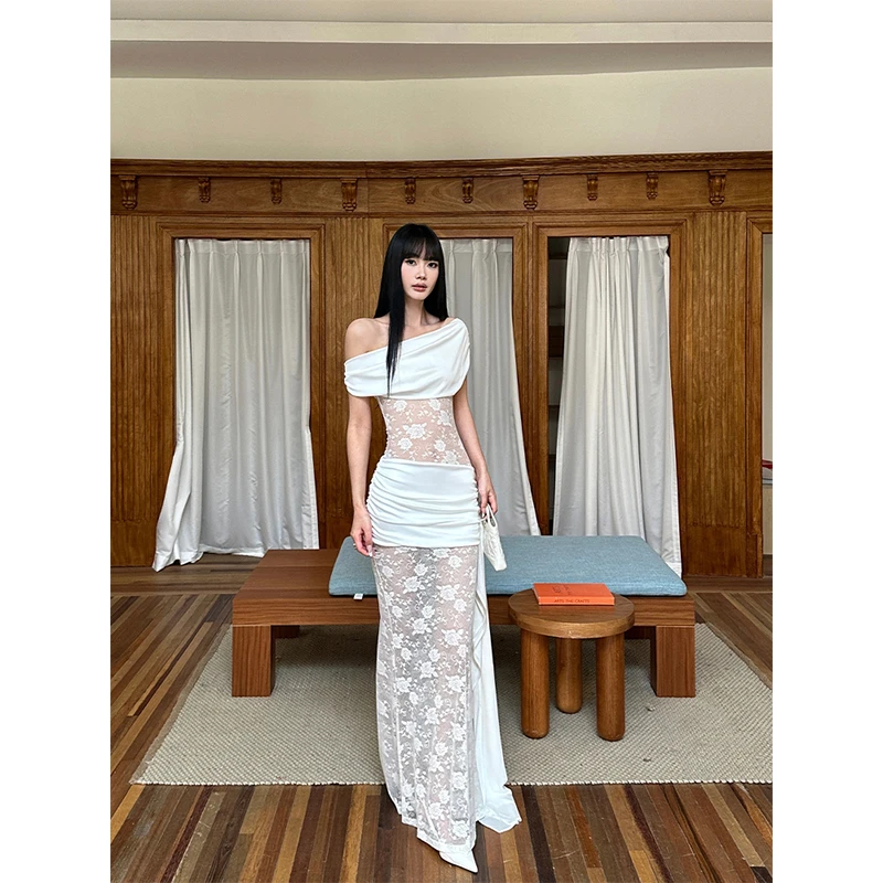 VENUIE【缎夜巴洛克】蕾丝抽褶飘带高级感气质修身包臀连衣裙21497