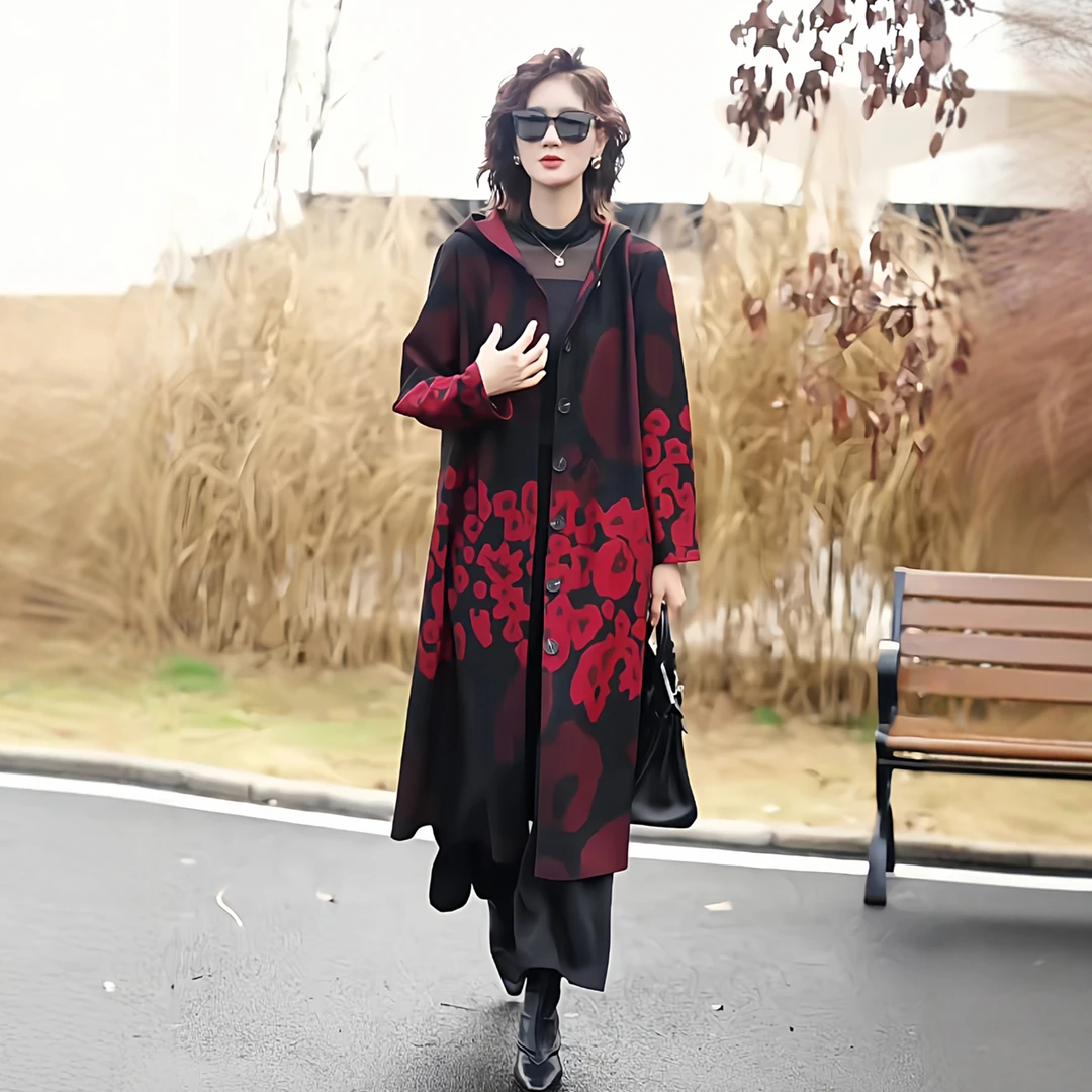 180115秋季洋气妈妈复古大码高端轻奢连帽中长款显瘦百搭风衣外套