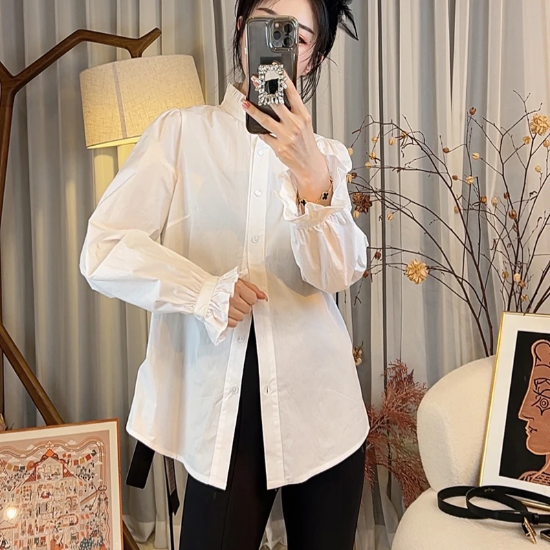 首秀2025早春法式宫廷白色衬衫打底休闲长袖上衣1803