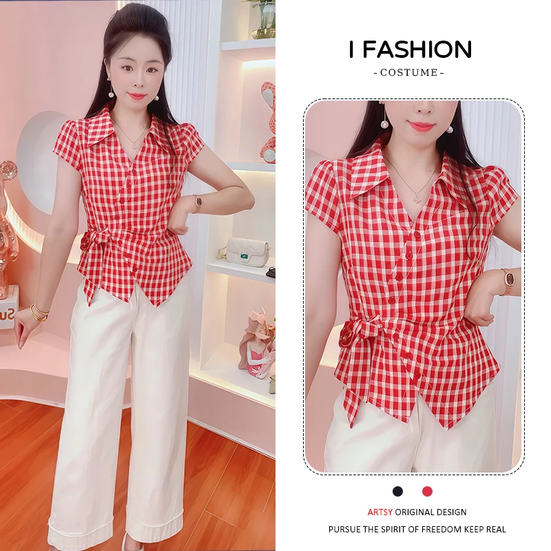 法式甜美拼接格子短袖衬衫女2026年夏季小众休闲遮肉显瘦百搭上衣