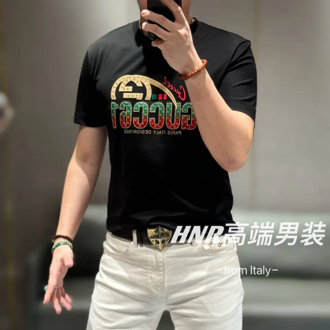 百林达万针立体刺绣高周波工艺莫代尔长绒棉混纺T恤55088