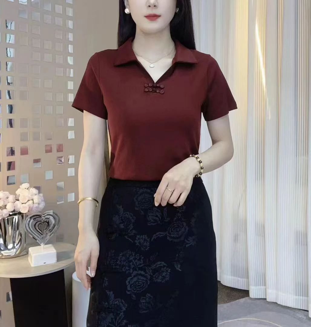 夏季新款百搭时尚减龄显瘦翻领纯色盘扣女士休闲母亲节妈妈装夏季