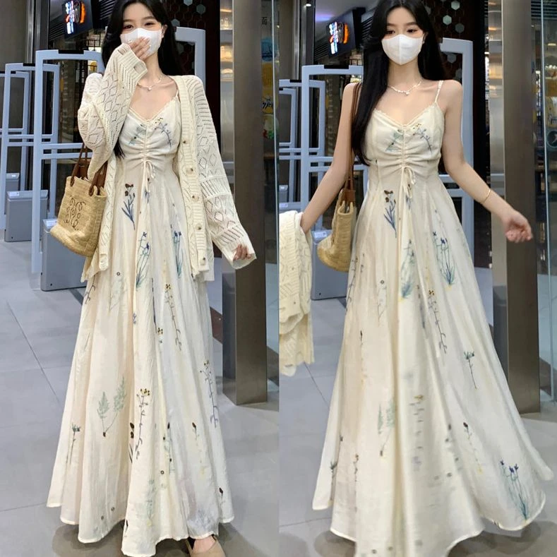 C-5716大码夏季新款水草花刺绣长裙+毛衣开衫套装