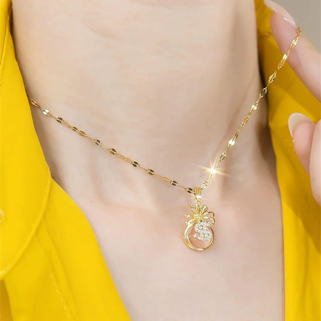 四季款水粉钱袋女款项链防水防汗不掉色钛钢项链女款