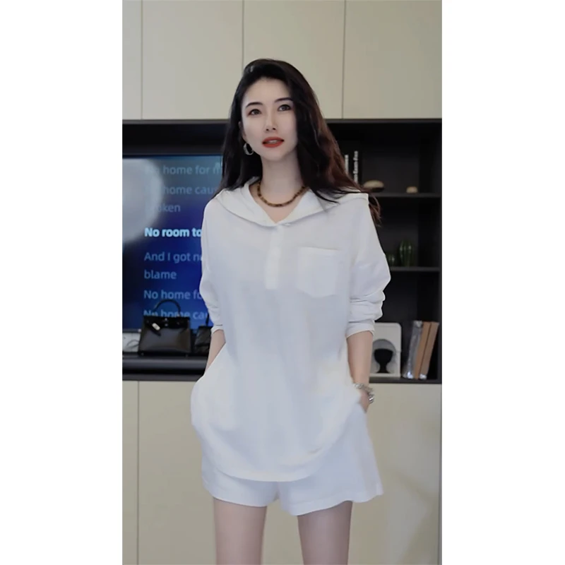 小乖逃D休闲风白色宽松连帽口袋松紧短裤百搭潮流白色套装240322