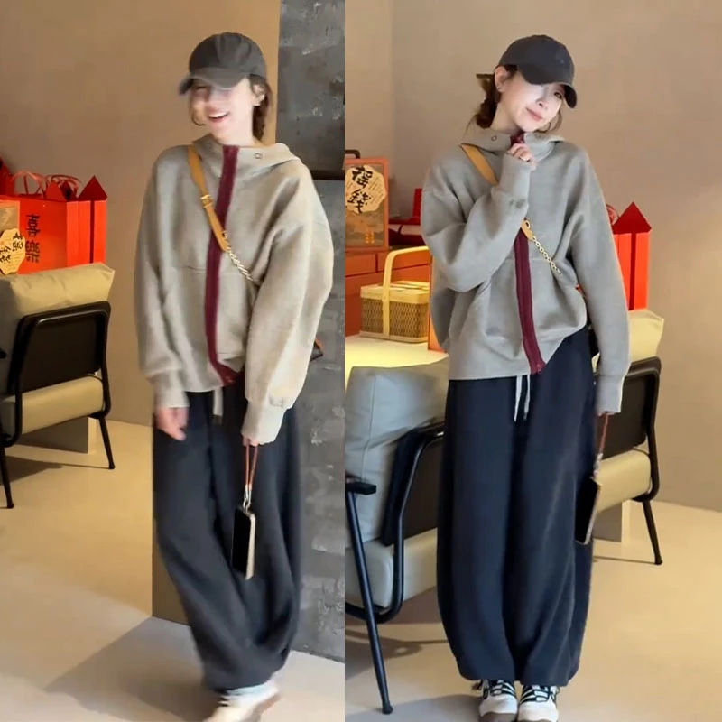2025春秋装慵懒风宽松连帽卫衣开衫搭配休闲阔腿裤显瘦小个子套装