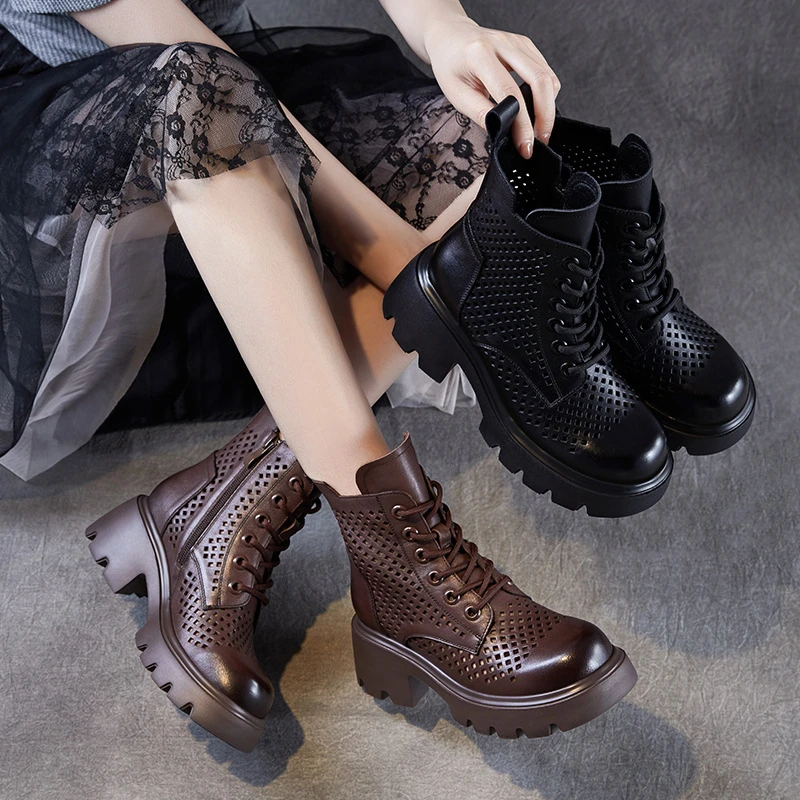 牛皮凉靴女25夏季复古英伦风厚底薄款镂空马丁靴真皮透气洞洞靴子